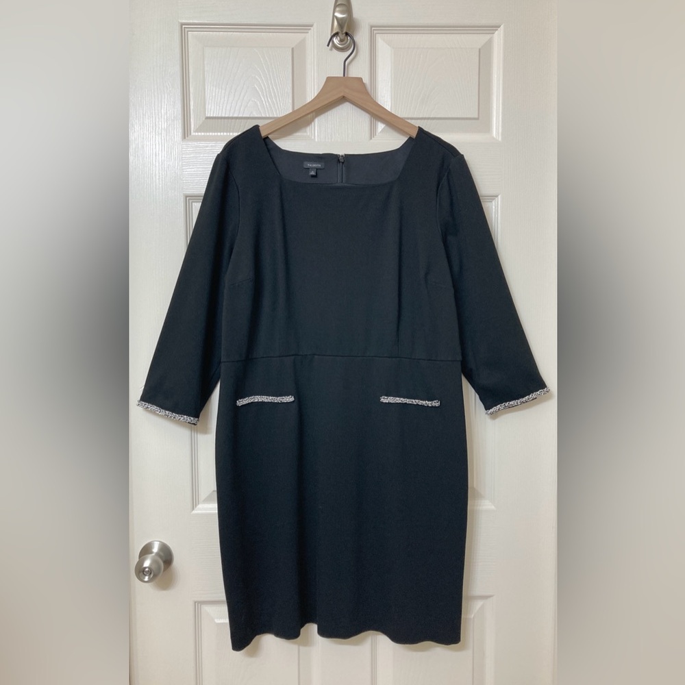 Talbots Black Ponte Knit Long Sleeve Tweed Trim A-line Dress 16 Office Academia - Picture 1 of 7